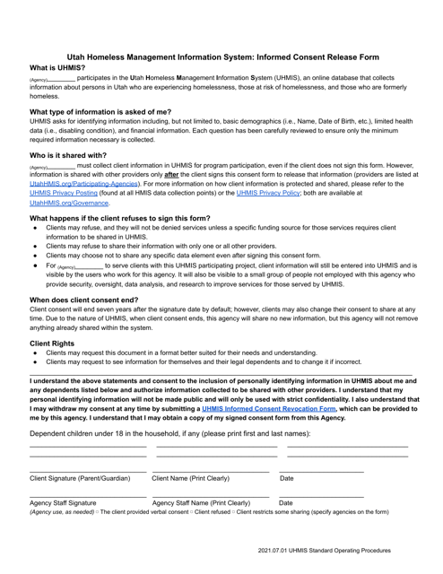 Utah Homeless Management Information System: Informed Consent Release Form - Utah