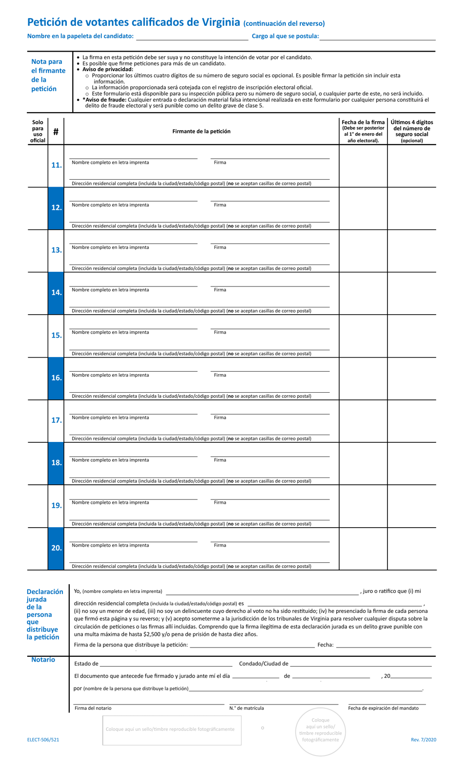 Formulario ELECT-506 / 521 Peticion De Votantes Calificados De Virginia - Letter Size - Virginia (Spanish), Page 2