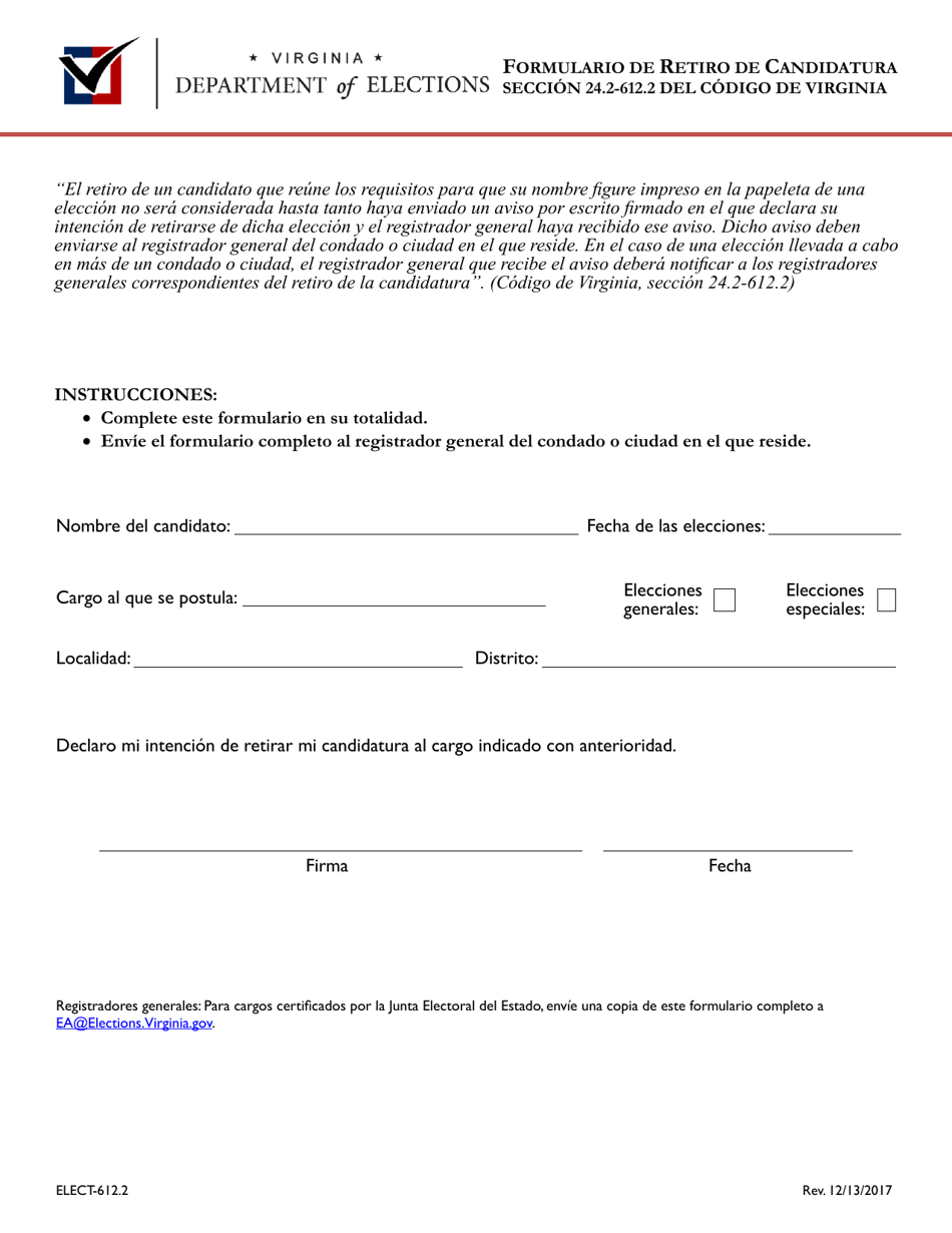 Formulario ELECT-612.2 Formulario De Retiro De Candidatura - Virginia (Spanish), Page 1