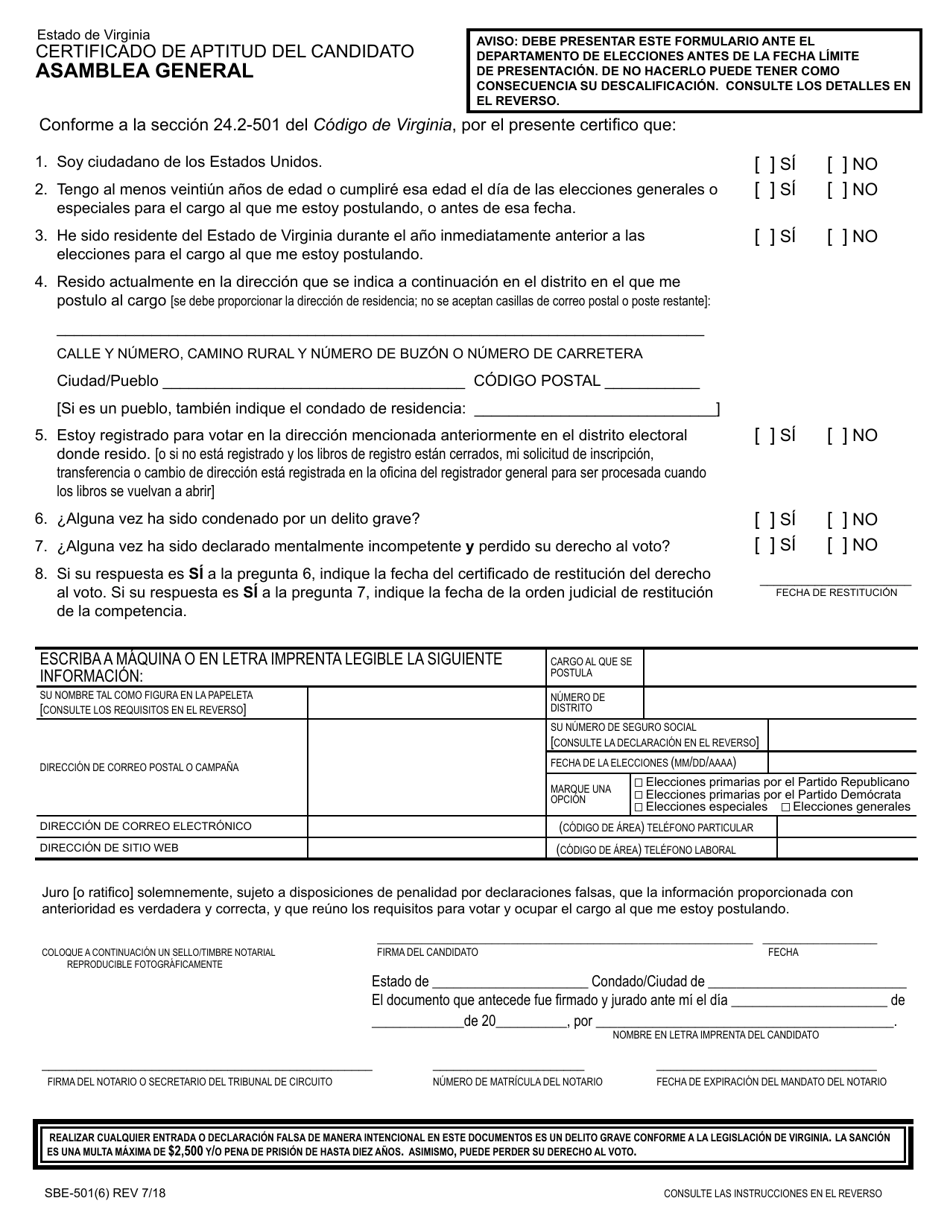 Formulario SBE-501(6) Certificado De Aptitud Del Candidato - Asamblea General - Virginia (Spanish), Page 1