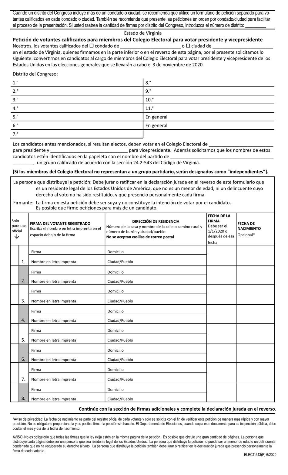 Formulario ELECT-543(P) Peticion De Votantes Calificados Para Miembros Del Colegio Electoral Para Votar Presidente Y Vicepresidente - Legal Size - Virginia (Spanish), Page 1