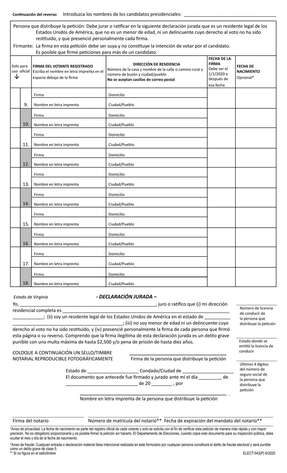 Formulario ELECT-543(P) Peticion De Votantes Calificados Para Miembros Del Colegio Electoral Para Votar Presidente Y Vicepresidente - Legal Size - Virginia (Spanish), Page 2