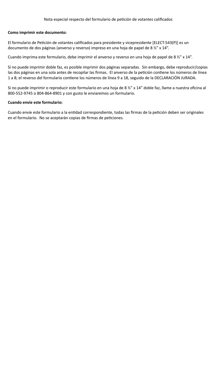 Formulario ELECT-543(P) Peticion De Votantes Calificados Para Miembros Del Colegio Electoral Para Votar Presidente Y Vicepresidente - Legal Size - Virginia (Spanish), Page 3