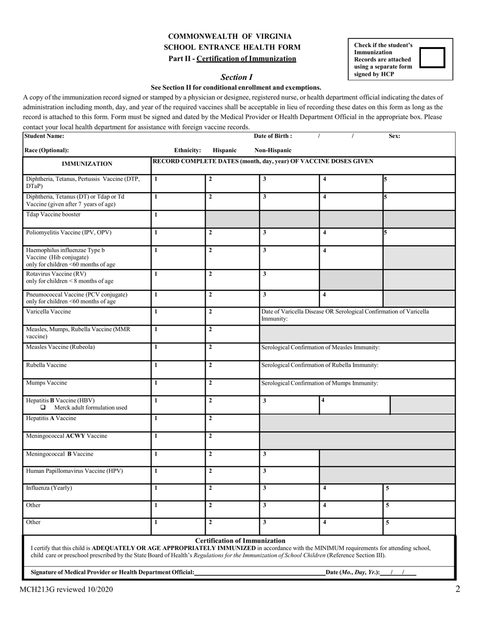Form MCH213G School Entrance Health Form - Virginia (English / Chinese), Page 3