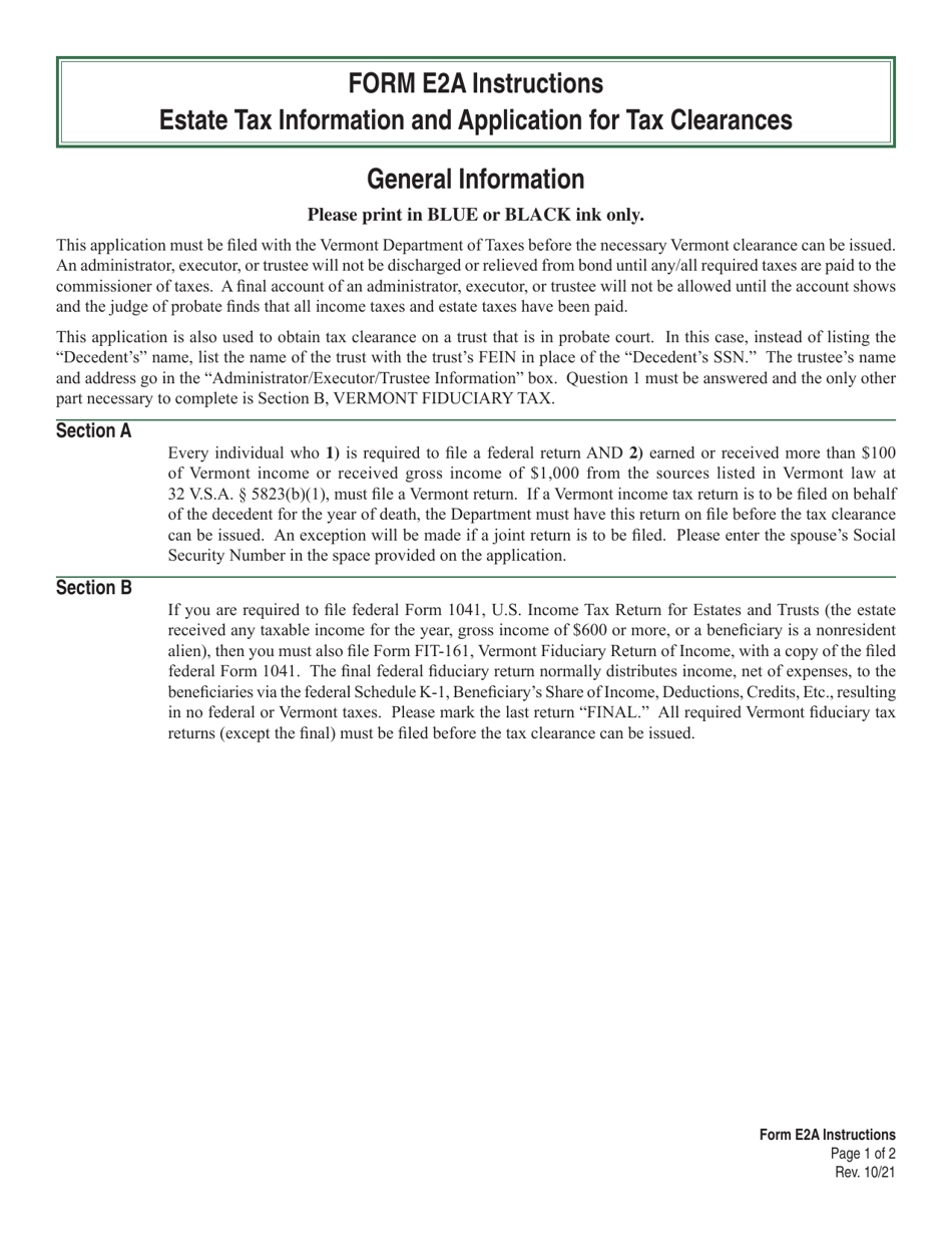 Instructions for VT Form E2A Estate Tax Information and Application for Tax Clearances - Vermont, Page 1