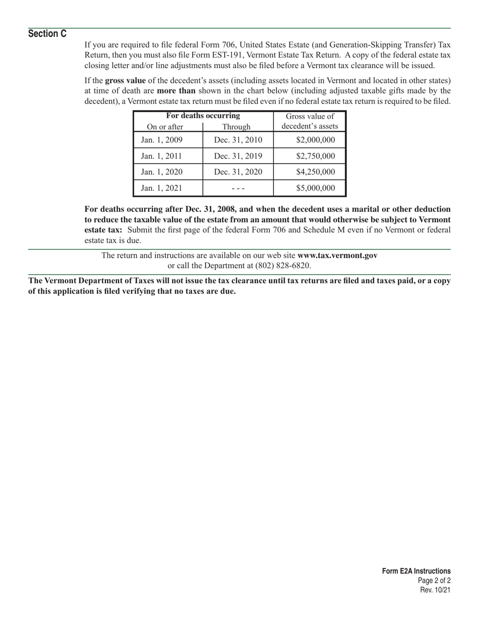 Instructions for VT Form E2A Estate Tax Information and Application for Tax Clearances - Vermont, Page 2