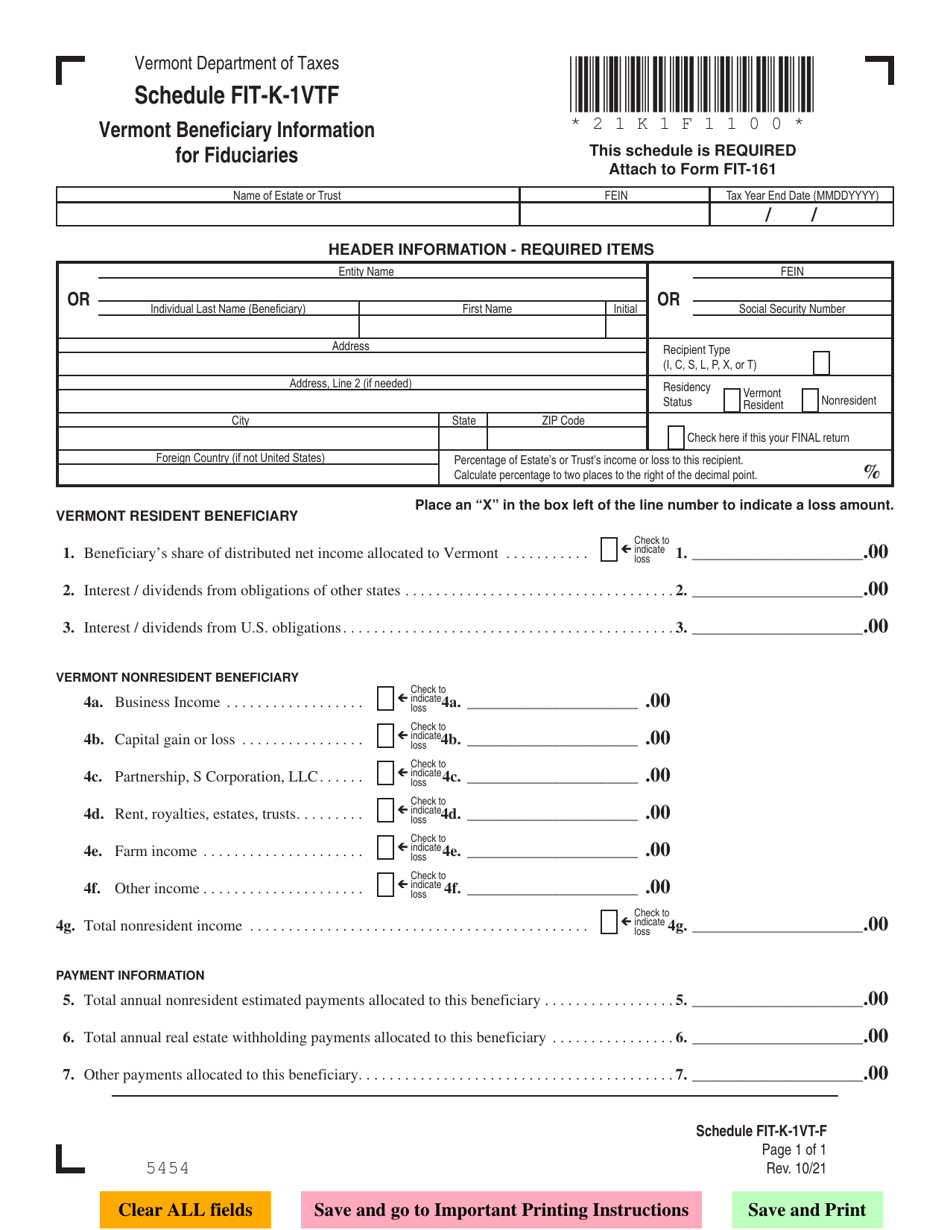 Schedule FIT-K-1VTF Vermont Beneficiary Information for Fiduciaries - Vermont, Page 1