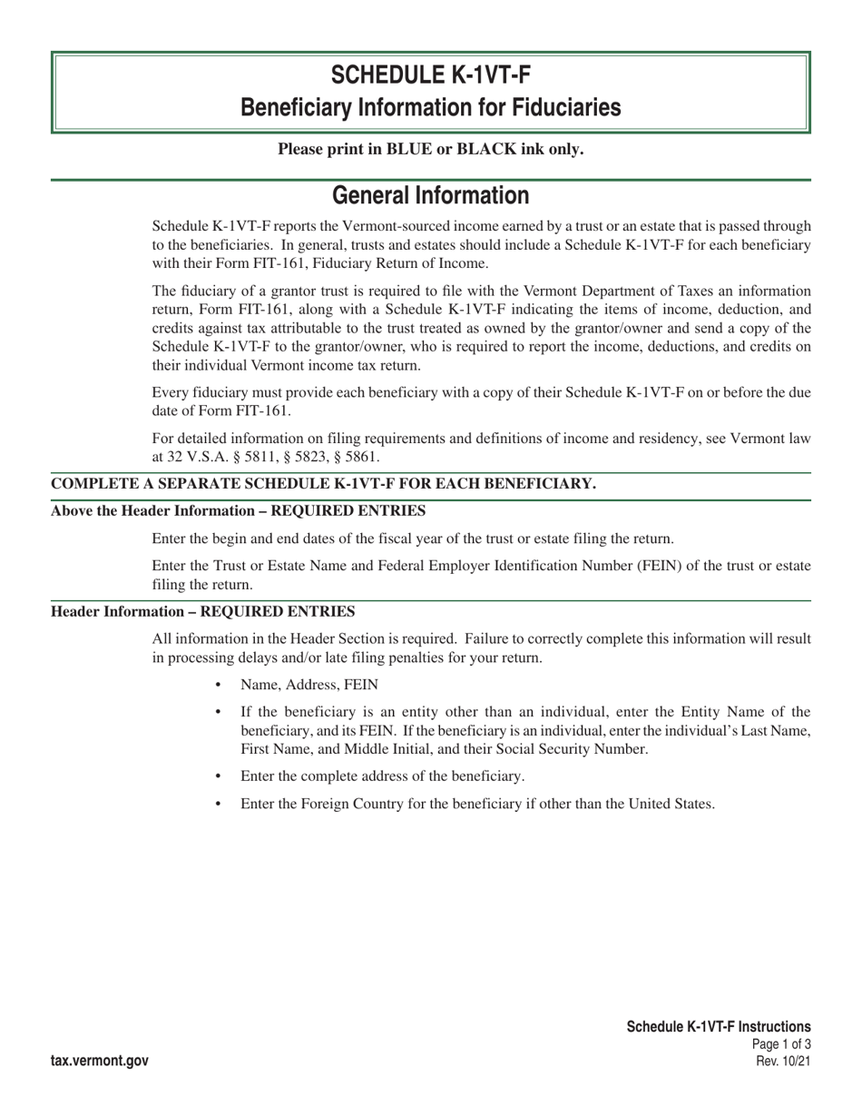 Instructions for Schedule FIT-K-1VTF Beneficiary Information for Fiduciaries - Vermont, Page 1