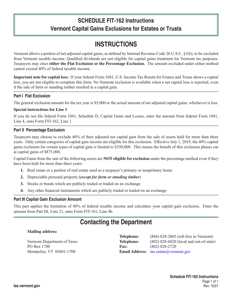 Instructions for Schedule FIT-162 Vermont Capital Gains Exclusions for Estates or Trusts - Vermont, Page 1