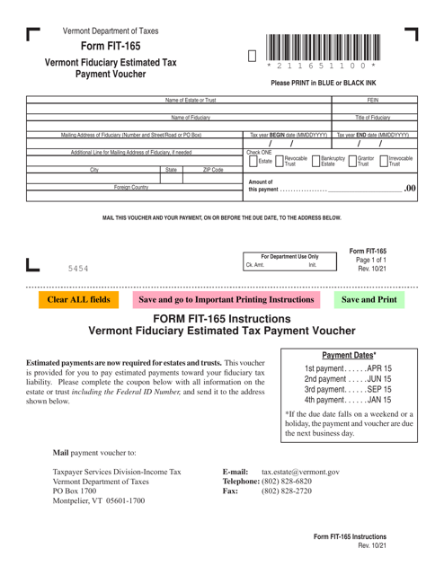 VT Form FIT-165 Vermont Fiduciary Estimated Tax Payment Voucher - Vermont