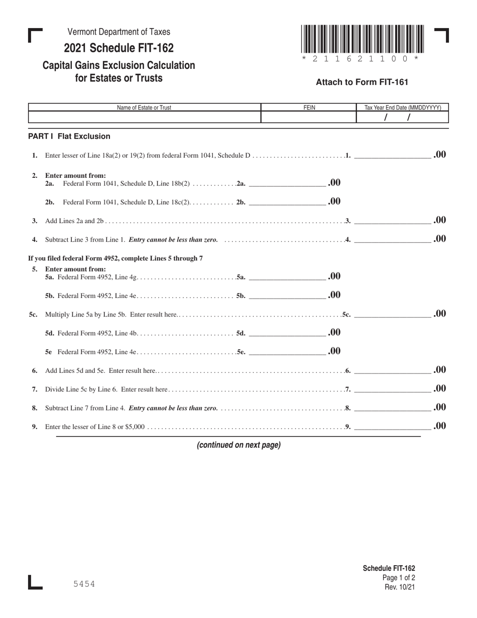 Schedule FIT-162 Capital Gains Exclusion Calculation for Estates or Trusts - Vermont, Page 1