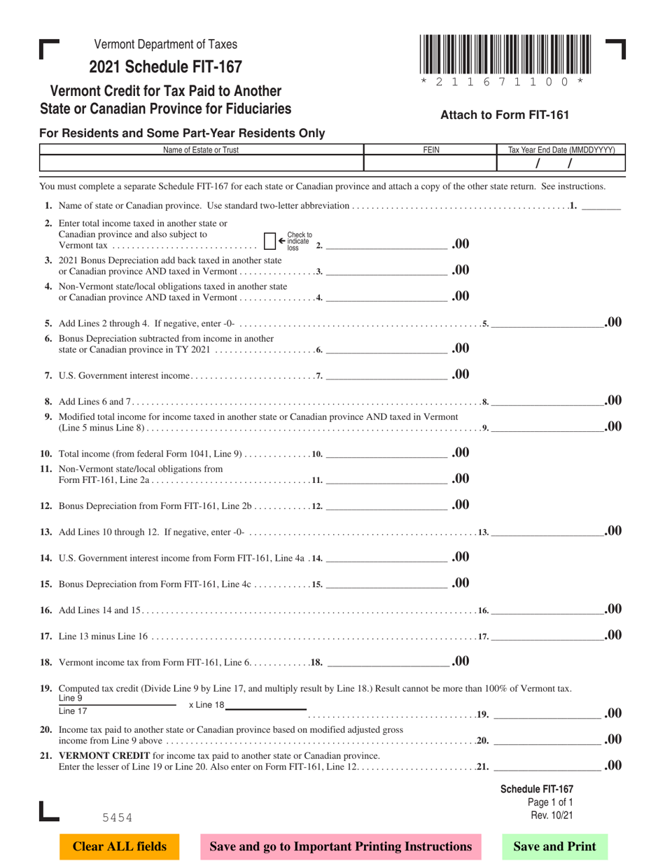 Schedule FIT-167 Vermont Credit for Tax Paid to Another State or Canadian Province for Fiduciaries for Residents and Some Part-Year Residents Only - Vermont, Page 1