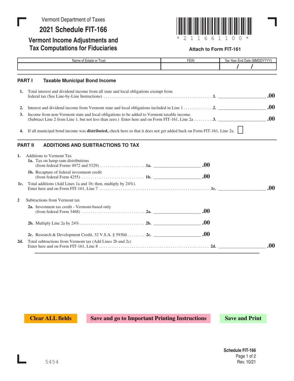 Schedule FIT-166 Vermont Income Adjustments and Tax Computations for Fiduciaries - Vermont, Page 1