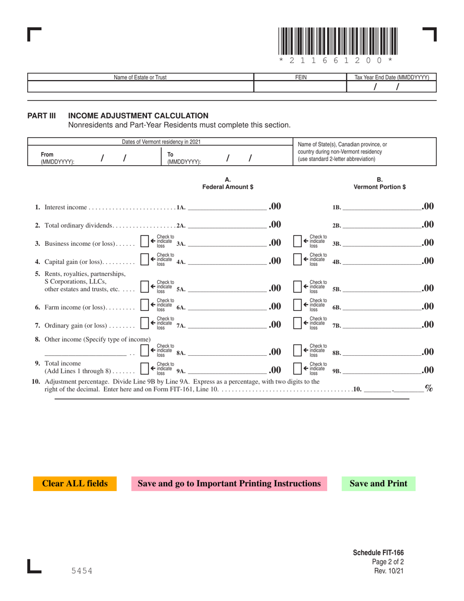 Schedule FIT-166 Vermont Income Adjustments and Tax Computations for Fiduciaries - Vermont, Page 2