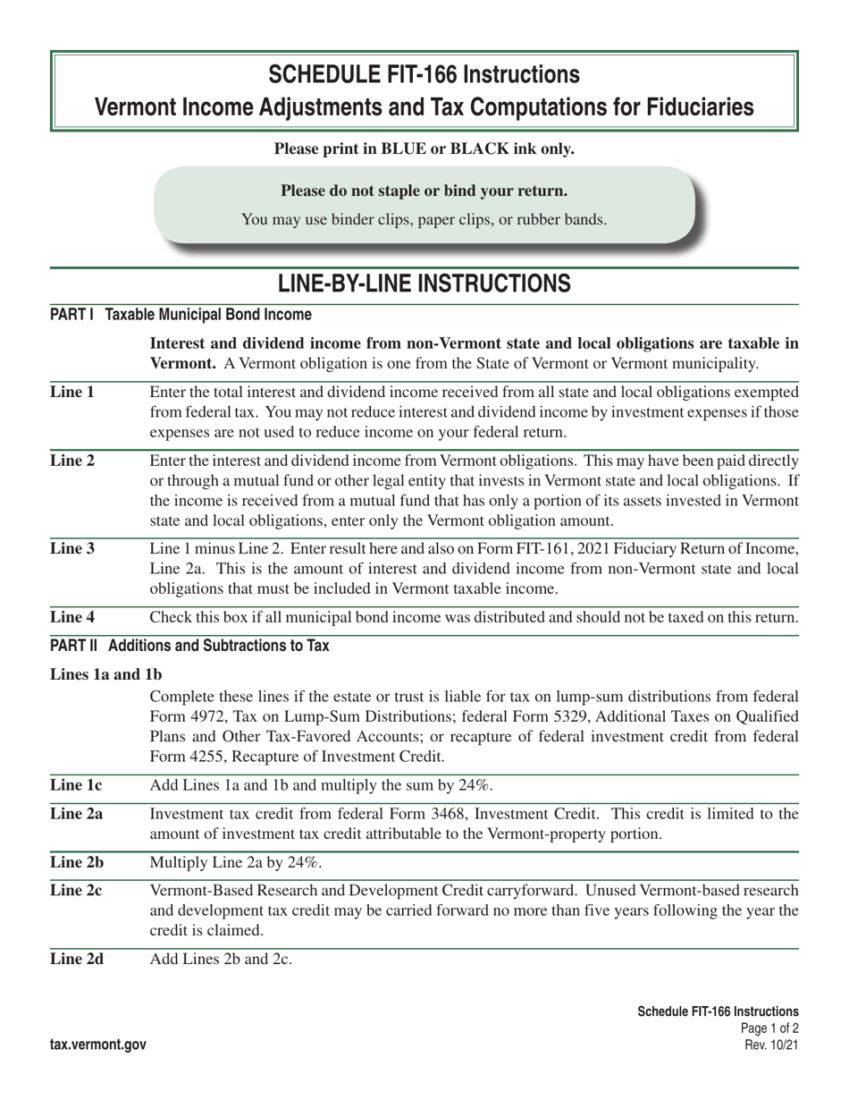 Instructions for Schedule FIT-166 Vermont Income Adjustments and Tax Computations for Fiduciaries - Vermont, Page 1