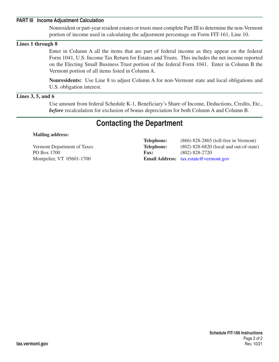 Instructions for Schedule FIT-166 Vermont Income Adjustments and Tax Computations for Fiduciaries - Vermont, Page 2