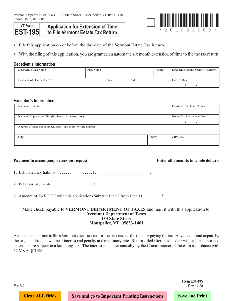 VT Form EST-195 Application for Extension of Time to File Vermont Estate Tax Return - Vermont, Page 1