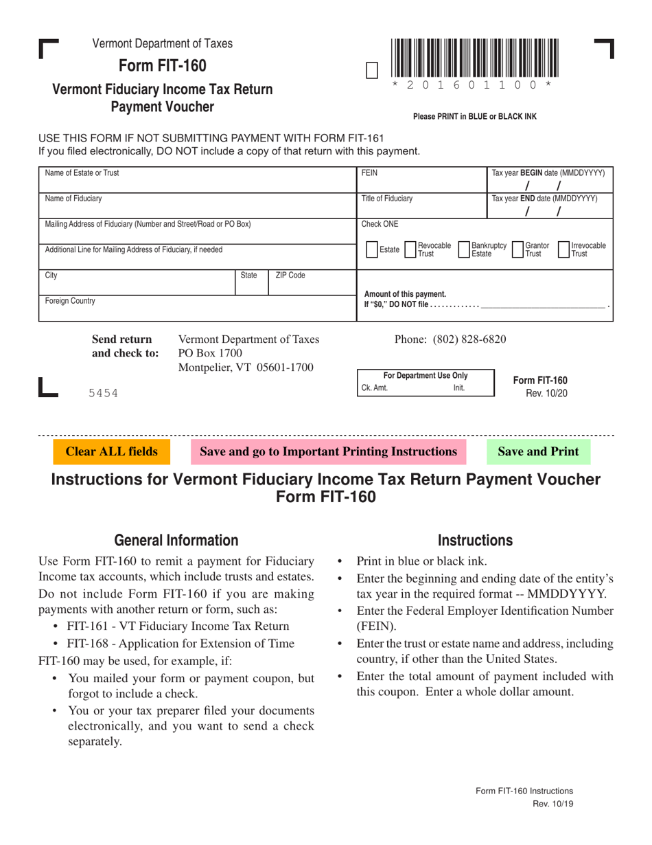 VT Form FIT-160 Vermont Fiduciary Income Tax Return Payment Voucher - Vermont, Page 1