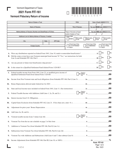VT Form FIT-161 Vermont Fiduciary Return of Income - Vermont, 2021