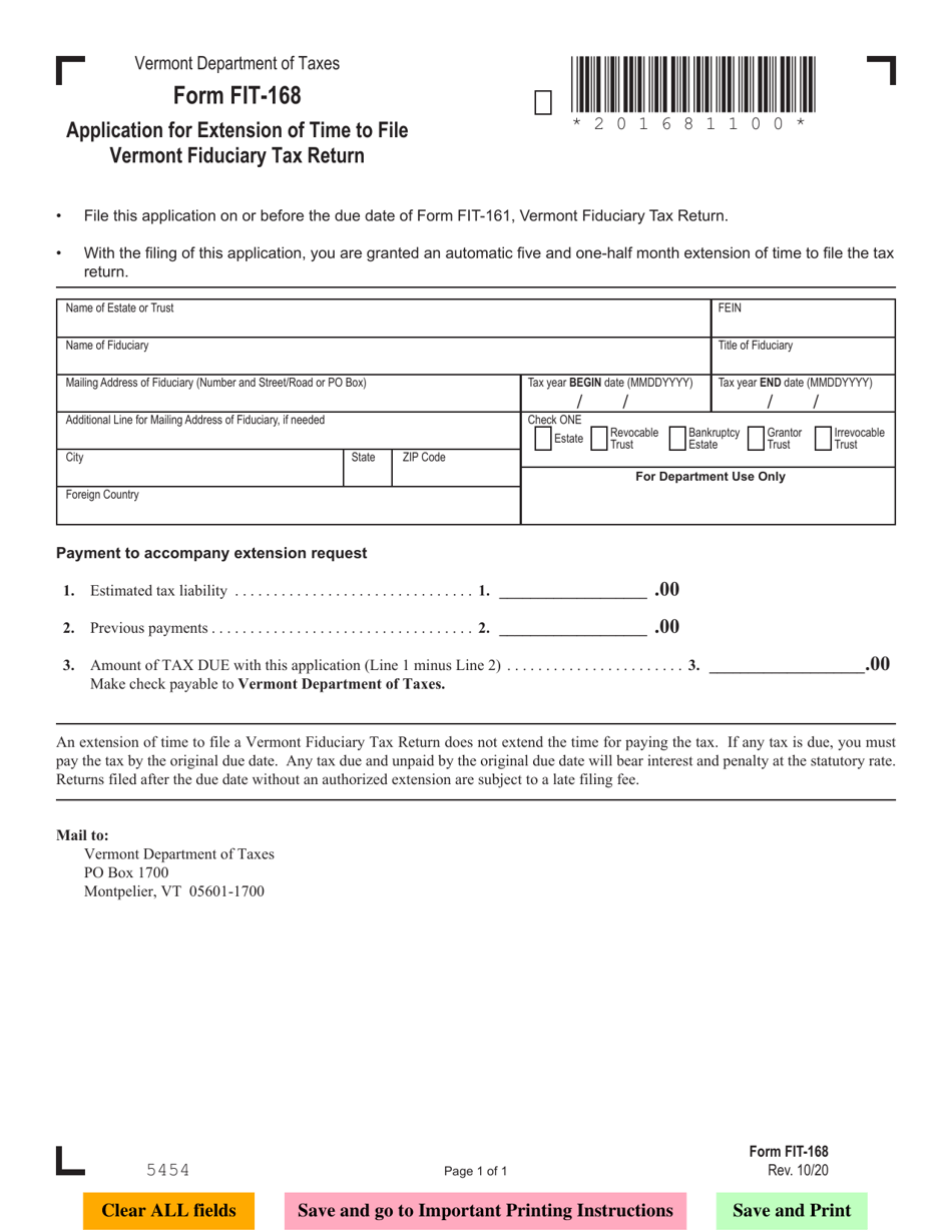 VT Form FIT-168 Application for Extension of Time to File Vermont Fiduciary Tax Return - Vermont, Page 1