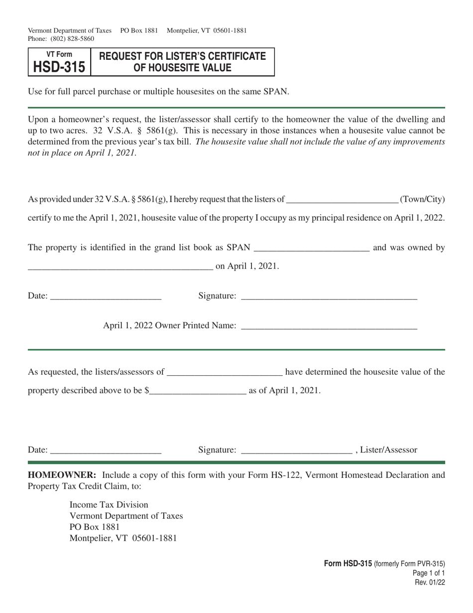 VT Form HSD-315 Request for Listers Certificate of Housesite Value - Vermont, Page 1