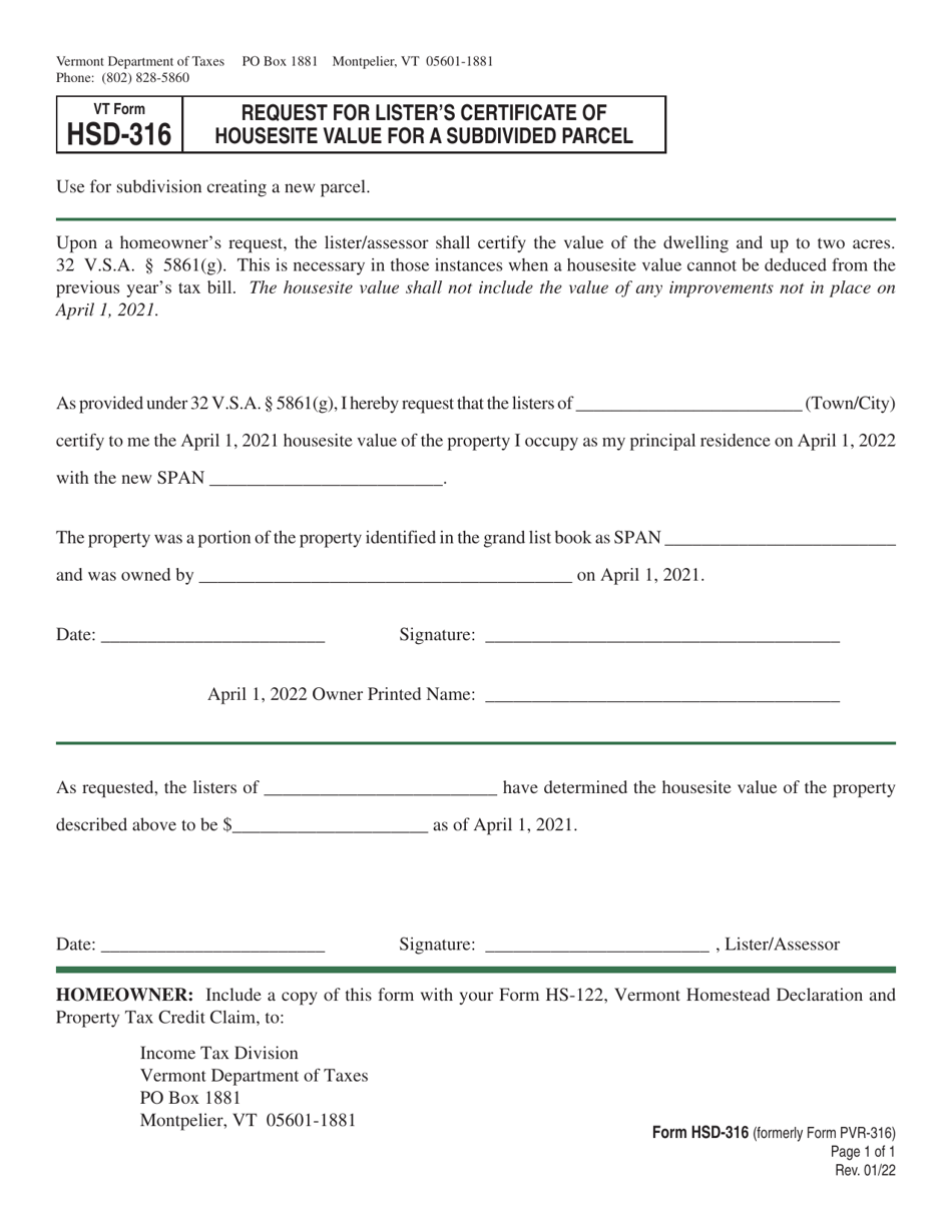 VT Form HSD-316 Request for Listers Certificate of Housesite Value for a Subdivided Parcel - Vermont, Page 1