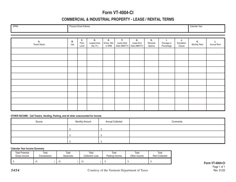 Form VT-4004-CI Commercial  Industrial Property - Lease / Rental Terms - Vermont, Page 1