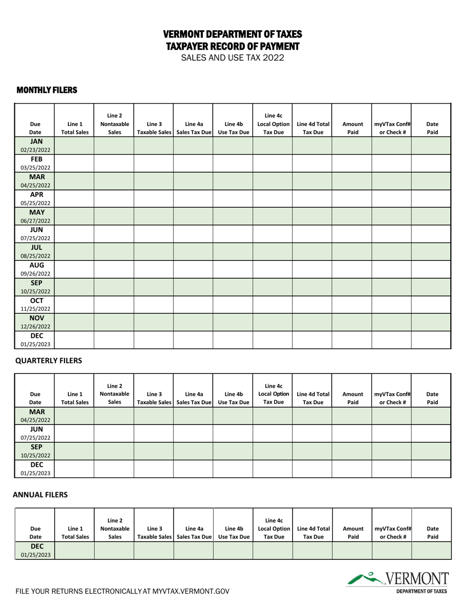 2022 Vermont Taxpayer Record of Payment Sales and Use Tax Fill Out