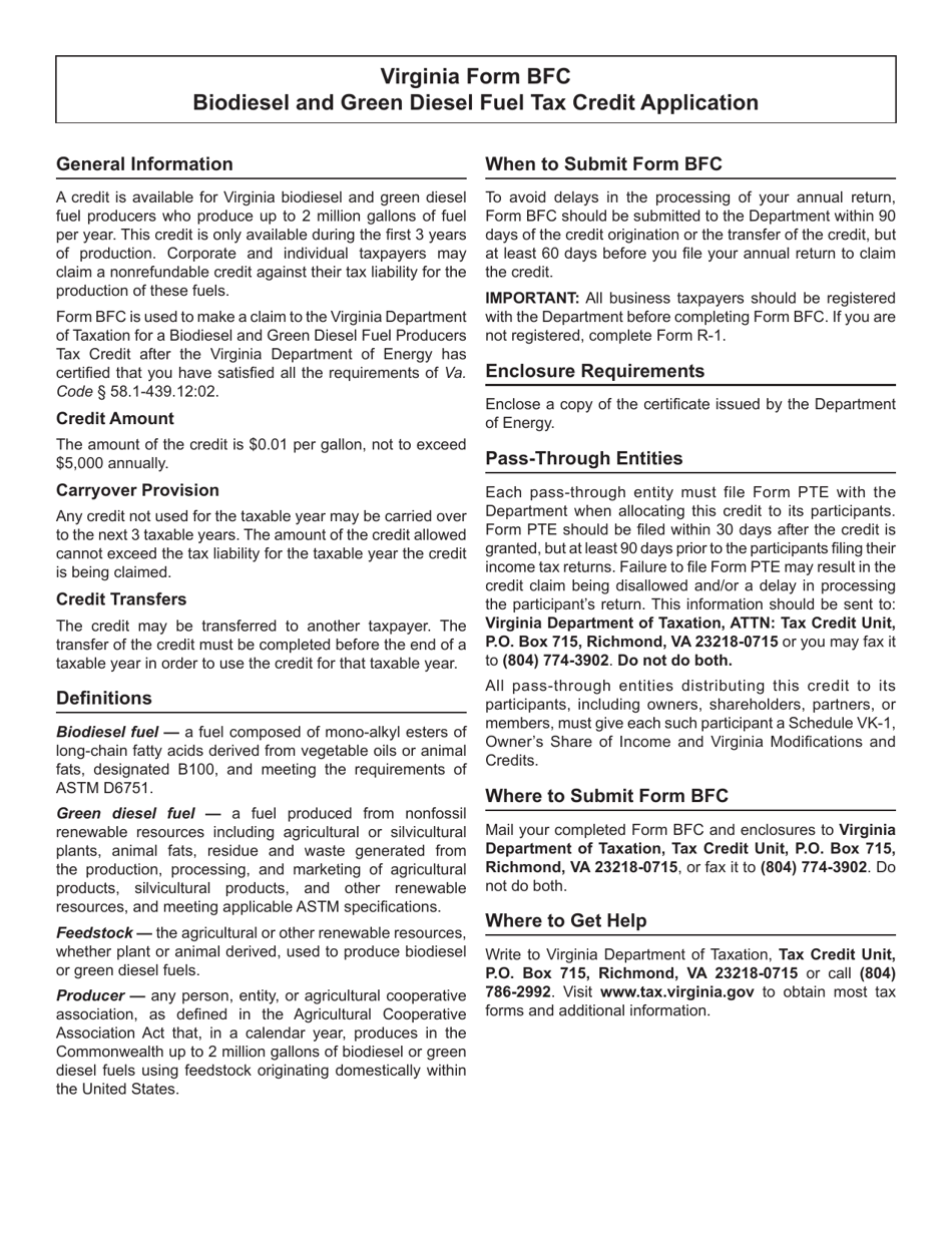Form BFC Biodiesel and Green Diesel Fuel Producers Tax Credit Application - Virginia, Page 2