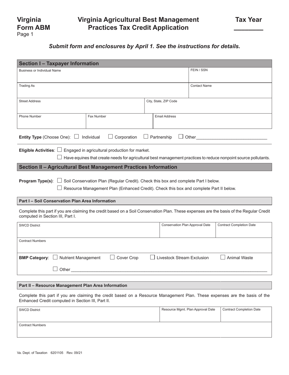 Form ABM Virginia Agricultural Best Management Practices Tax Credit Application - Virginia, Page 1