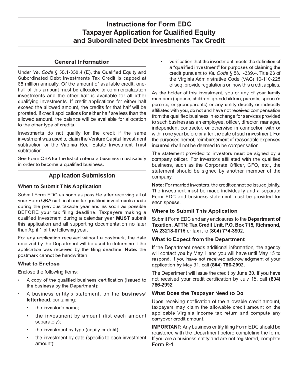 Form EDC Taxpayer Application for the Qualified Equity and Subordinated Debt Investments Tax Credit - Virginia, Page 2