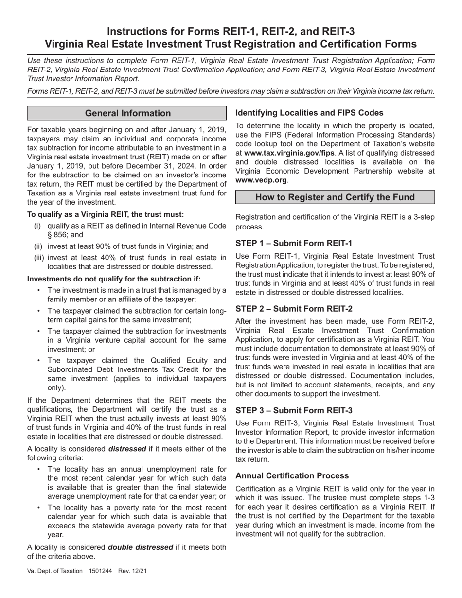 Instructions for Form REIT-1, REIT-2, REIT-3 - Virginia, Page 1