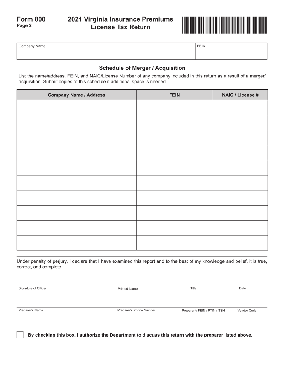 Form 800 Virginia Insurance Premiums License Tax Return - Virginia, Page 2