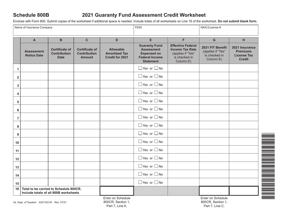 Schedule 800B Guaranty Fund Assessment Credit Worksheet - Virginia, Page 1
