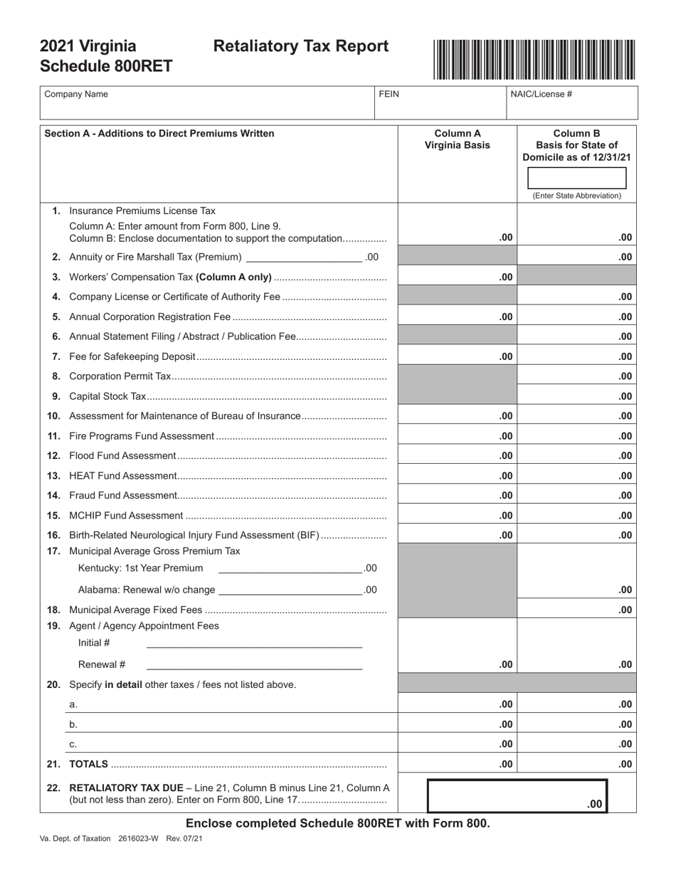 Schedule 800RET Retaliatory Tax Report - Virginia, Page 1