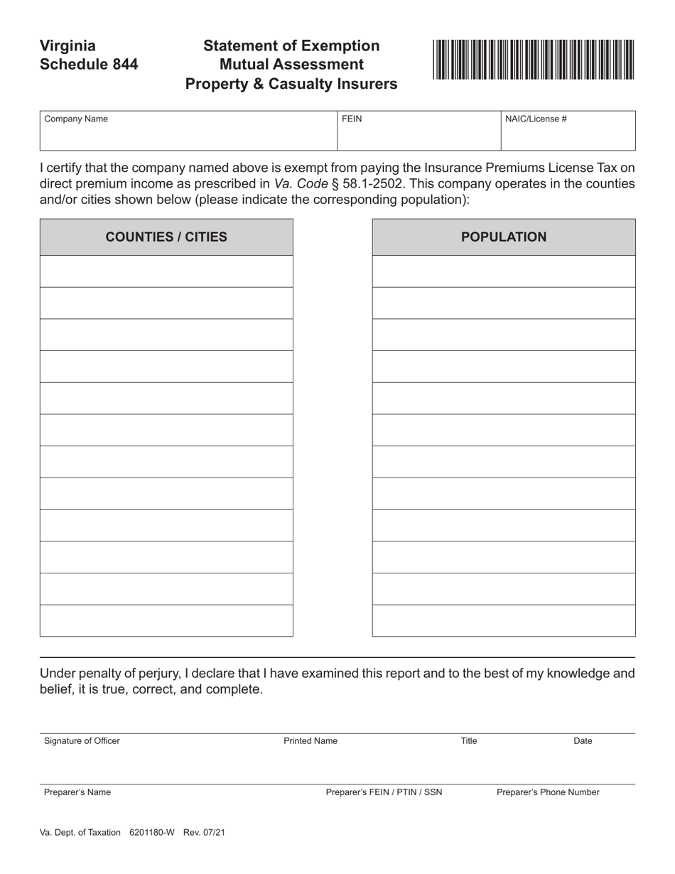 Schedule 844 Statement of Exemption Mutual Assessment Property  Casualty Insurers - Virginia, Page 1