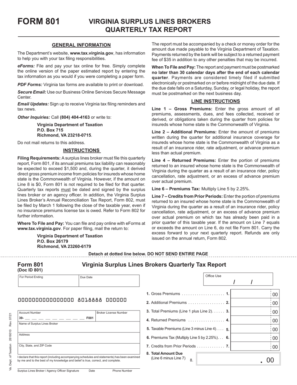 Form 801 - Fill Out, Sign Online and Download Fillable PDF, Virginia ...