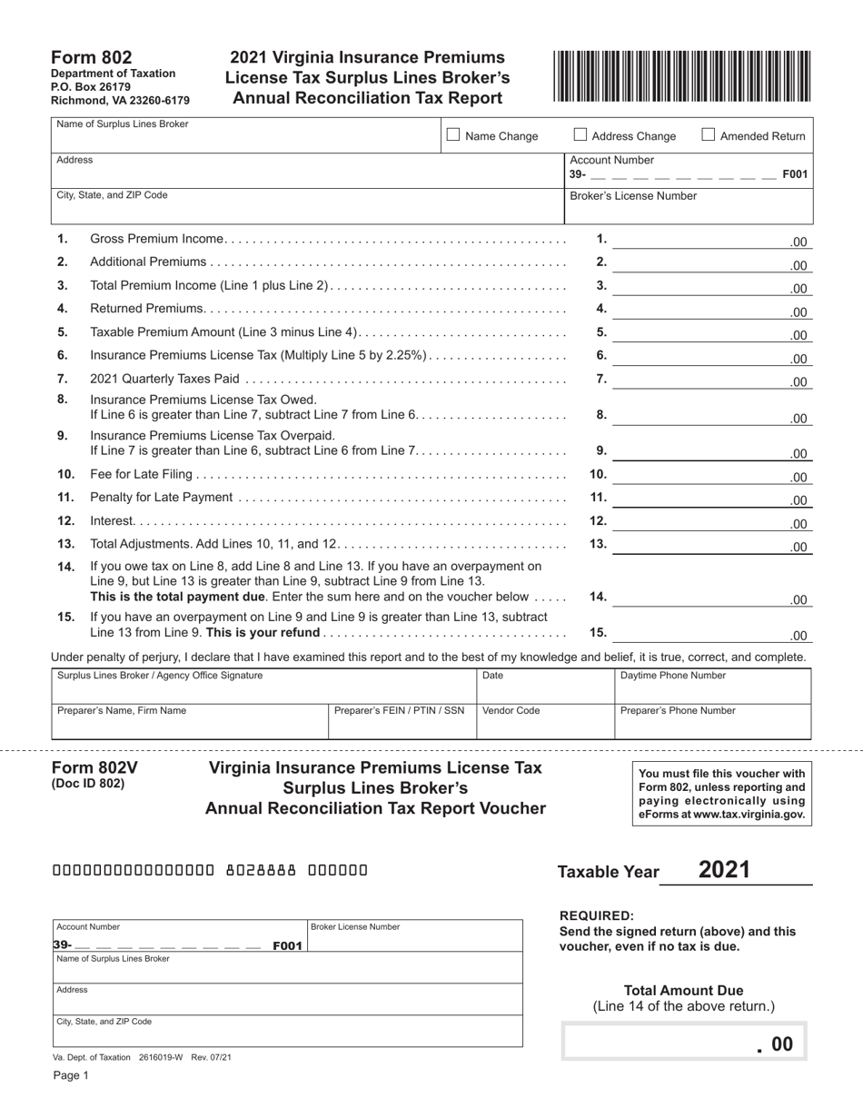 Form 802 Virginia Insurance Premiums License Tax Surplus Lines Brokers Annual Reconciliation Tax Report - Virginia, Page 1