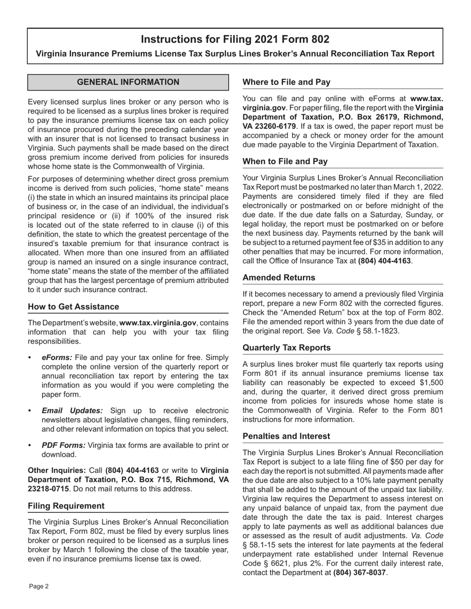 Form 802 Virginia Insurance Premiums License Tax Surplus Lines Brokers Annual Reconciliation Tax Report - Virginia, Page 2