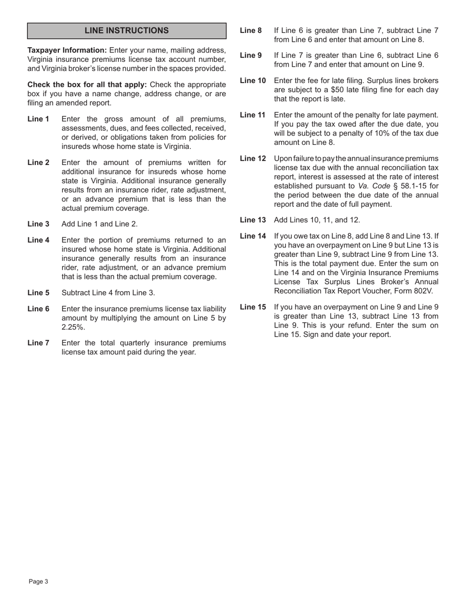 Form 802 Virginia Insurance Premiums License Tax Surplus Lines Brokers Annual Reconciliation Tax Report - Virginia, Page 3