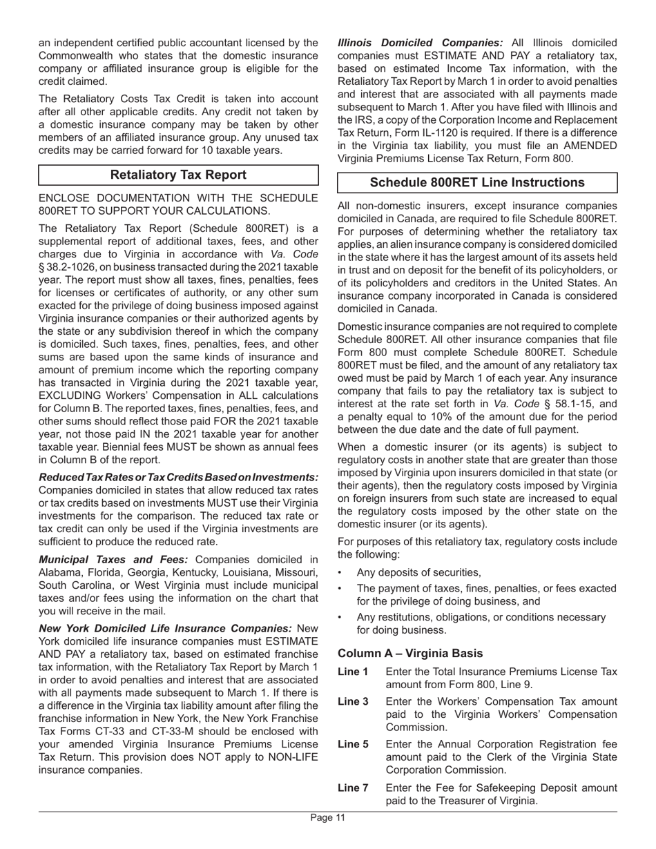 Instructions for Form 800 Virginia Insurance Premiums License Tax Return - Virginia, Page 13
