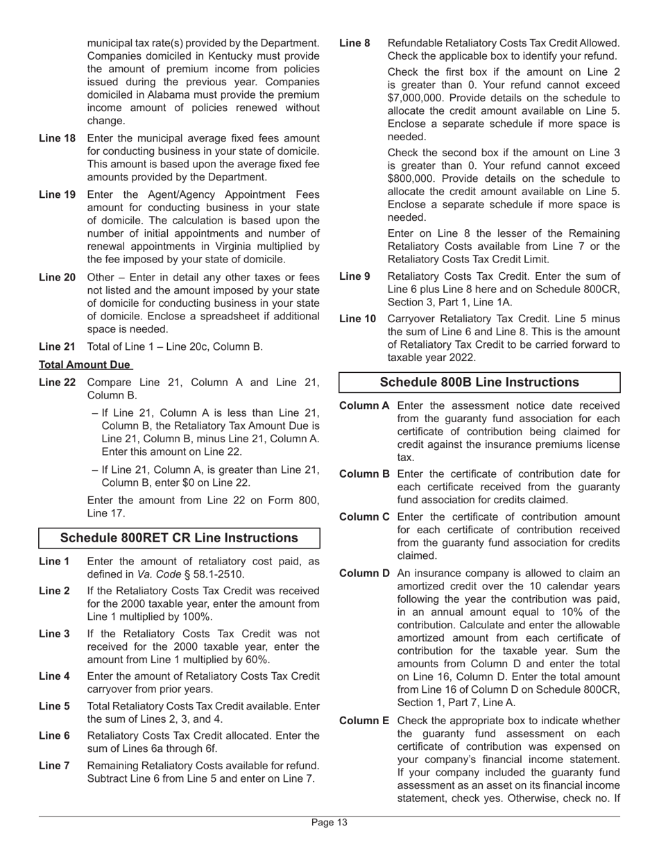 Instructions for Form 800 Virginia Insurance Premiums License Tax Return - Virginia, Page 15