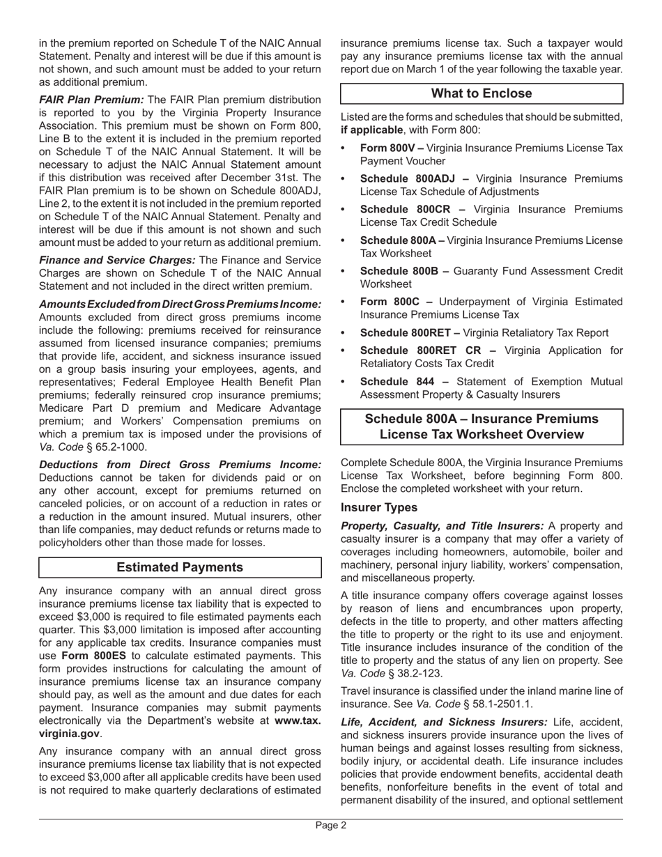 Instructions for Form 800 Virginia Insurance Premiums License Tax Return - Virginia, Page 4