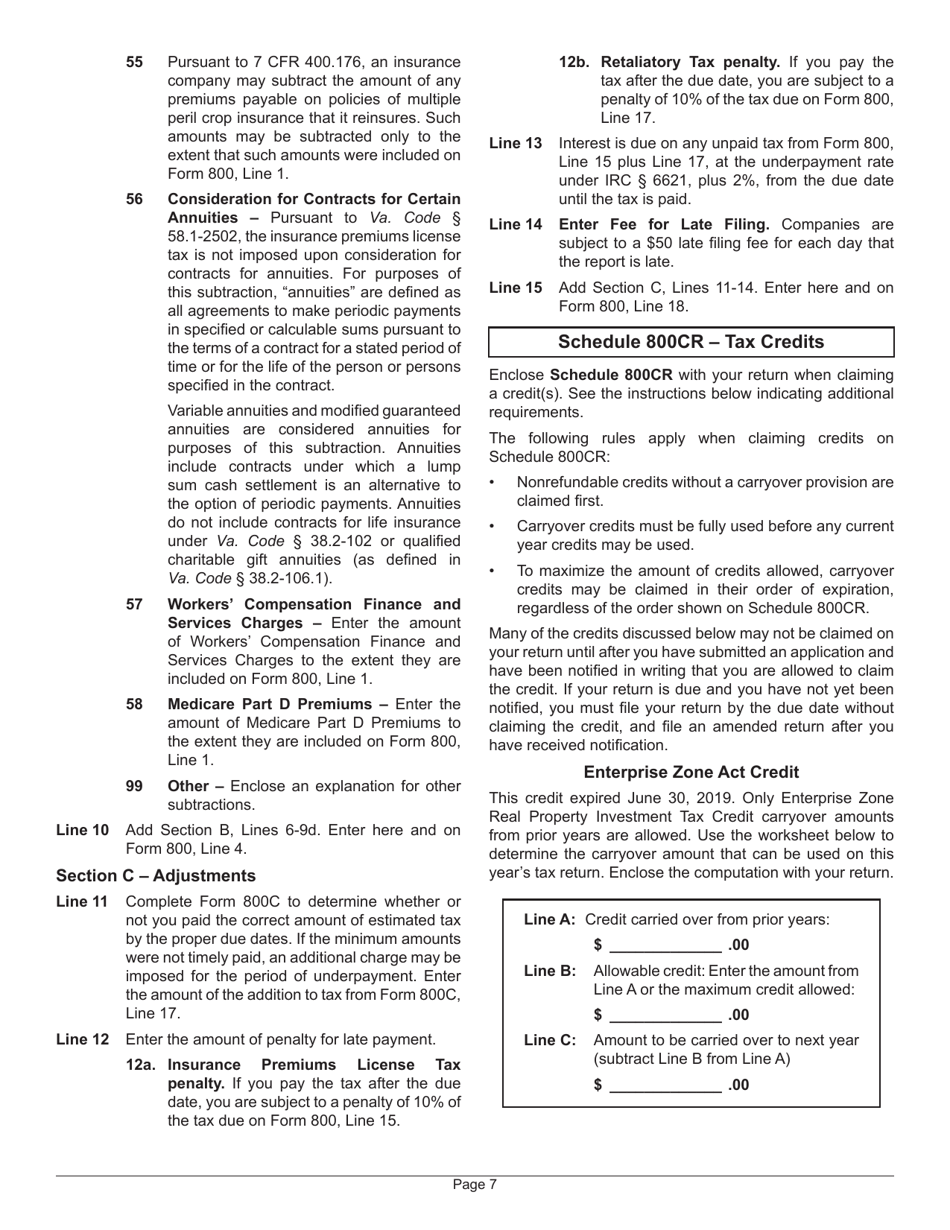 Instructions for Form 800 Virginia Insurance Premiums License Tax Return - Virginia, Page 9