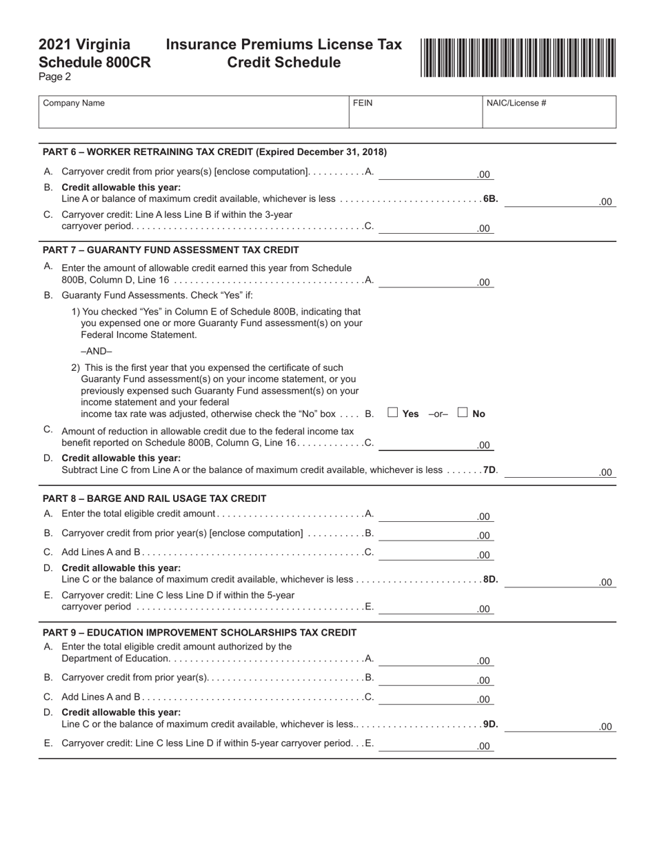 Schedule 800CR Insurance Premiums License Tax Credit Schedule - Virginia, Page 2