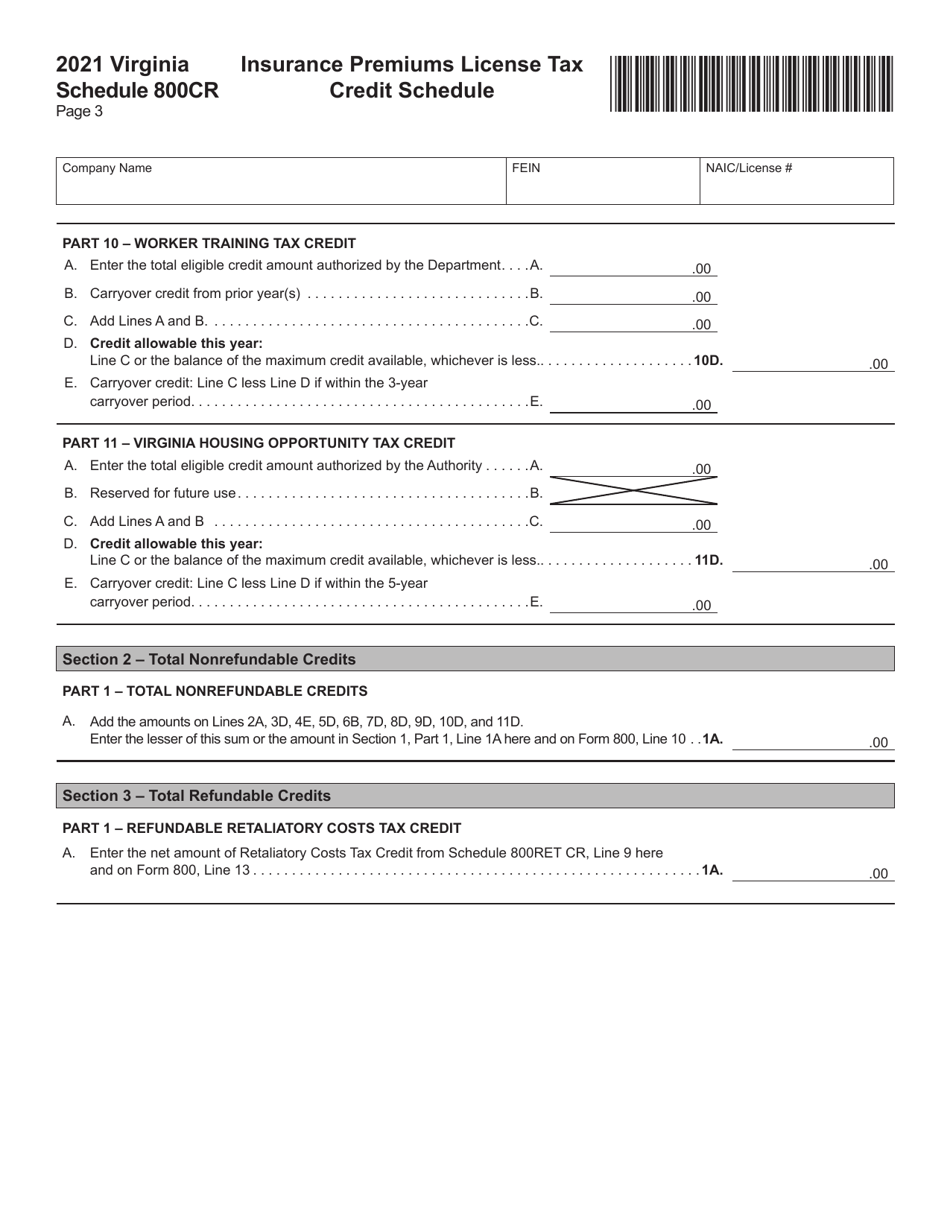 Schedule 800CR Insurance Premiums License Tax Credit Schedule - Virginia, Page 3