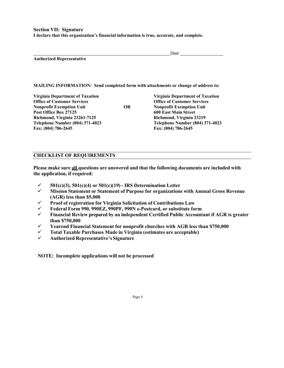 Form NP-1 Sales and Use Tax Exemption Application for Nonprofit Organizations - Virginia, Page 4