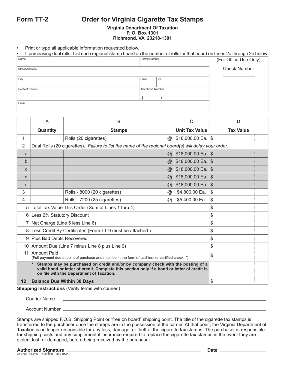 Form TT2 Download Fillable PDF or Fill Online Order for Virginia