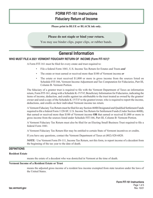 Instructions for VT Form FIT-161 Vermont Fiduciary Return of Income - Vermont