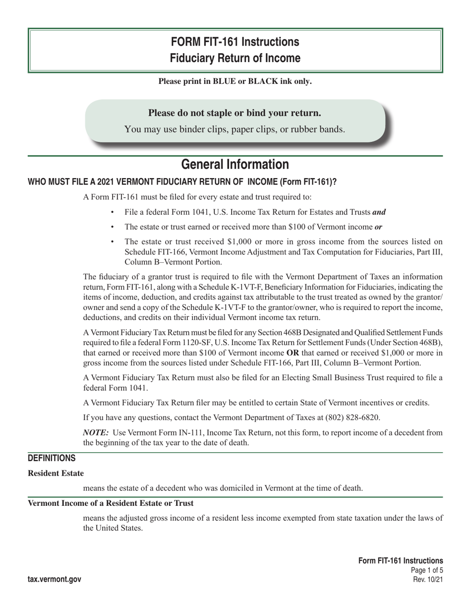 Instructions for VT Form FIT-161 Vermont Fiduciary Return of Income - Vermont, Page 1